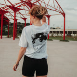 Soma Merchandise back of white T shirt with coffee farm print on woman